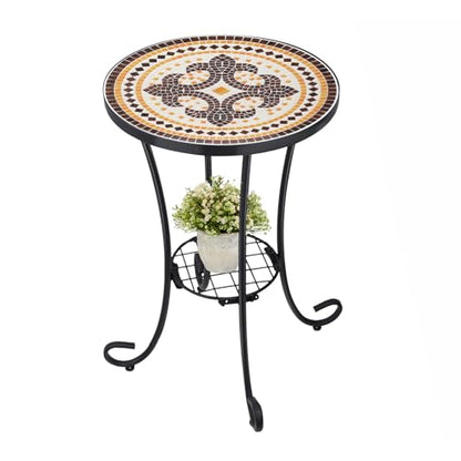 VCUTEKA Outdoor Side Table Mosaic Patio Table Accent Tables Mosaic Tile Top Metal Frame Small End Tables Porch Beach Patio Garden Balcony Tan - color: Tan