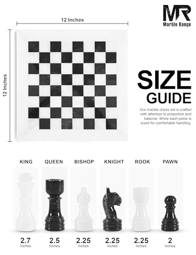 Marble Chess Set 12" Inches White and Black with Storage Box and 2 Extra Queen Handmade Classic Board Games for Adults, Luxury Chess Board & Marble Chess Set for Adults - color: White & Black