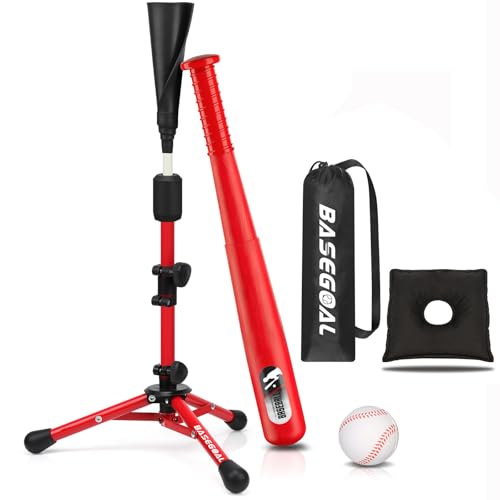BaseGoal Baseball Tee for Kids,Youth Stand Set,Teeball Set,Youth Baseball,Softball Batting Tee Set,Easy Adjustable Height - style: Red-b