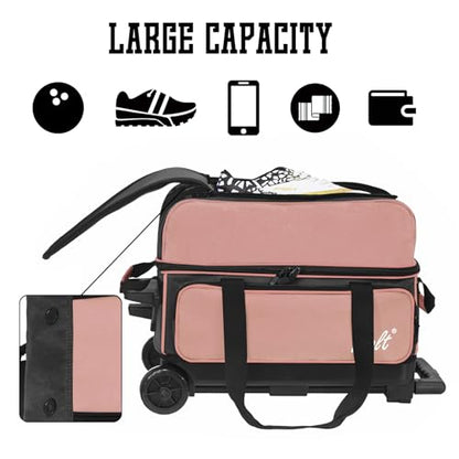 WOLT Double Roller 2 Ball Bowling Bag with Separate Shoe Compartment, Large Capacity Bowling Ball Bag with Accessory Pocket, Retractable Handle Extends to 40" - color: Light Pink