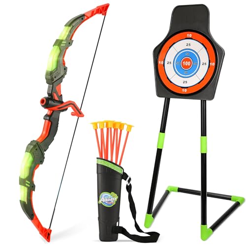 Outdoor Sport Toys Light Up Archery & Toddler Basketball Hoop and Tee Ball Set for Boy Bow and Arrow Set with 10 Suction Cup Arrows Baseball Tee with Automatic Pitching Machine Christmas Birthday Gift