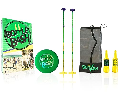 Bottle Bash Outdoor Flying Disc Game Set – Frisbee Toss Backyard and Beach Game for Family, Adult & Kids - Beersbee & Polish Horseshoes - color: Green - Original