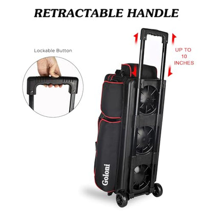 Goloni 3 Ball Bowling Bags with Wheels - Rolling Bowling Bag for 3 Balls & Accessories - Retractable Handle Extends to 38 - color: Red