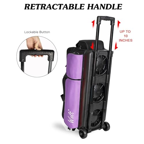 WOLT 3 Ball Bowling Bags with Wheels,Bowling Ball Bag 3 Ball Roller with Separate Shoe Compartment and Accessory Pocket, Retractable Handle Extends to 38’’ - color: Purple