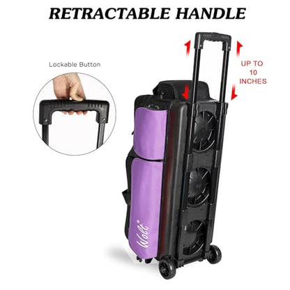 WOLT 3 Ball Bowling Bags with Wheels,Bowling Ball Bag 3 Ball Roller with Separate Shoe Compartment and Accessory Pocket, Retractable Handle Extends to 38’’ - color: Purple