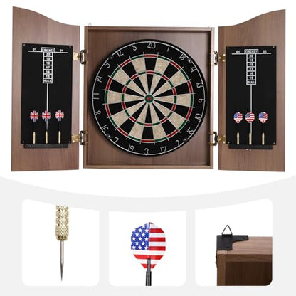 Dartboard Cabinet Set with Sisal Dart Board, Wooden Wall-Mounted Dart Board Cabinet with 6 Darts, Storage & Scoreboard for Game Room, Bar, Man Cave