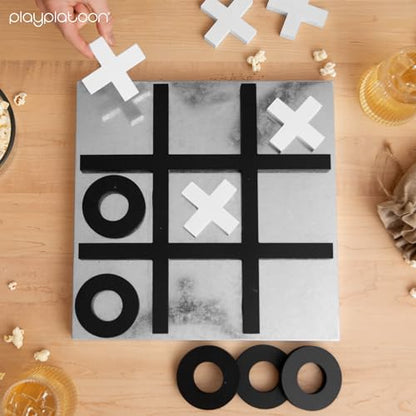 Play Platoon Magnetic Tic Tac Toe Game - Large Metal and Wooden Wall Mounted Board Games - 13.5 Inch Table Top or Wall Mounted Farmhouse Rustic for Game Room - Black & White - color: Black & White