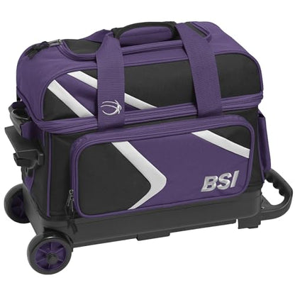 BSI Dash Roller Bowling Bag with Smooth Rolling Wheels, Padded Ball Compartment, Retractable Locking Handle, & Shoe Pocket - color: Black/Purple/White, style: Double