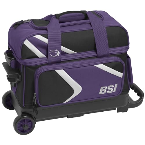 BSI Dash Roller Bowling Bag with Smooth Rolling Wheels, Padded Ball Compartment, Retractable Locking Handle, & Shoe Pocket - color: Black/Purple/White, style: Double