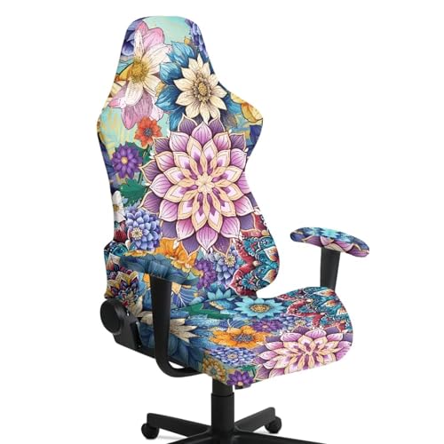 Gaming Chair Covers with Zipper Decorative Dustproof Stretch Gamer Chair Cover with Armrest Covers Washable Fabric Non-Slip Anti-Scratch Office Armchair Slipcover, Boho Flower - color: Boho Flower