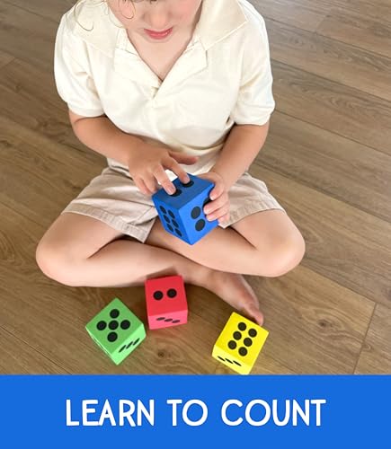 4 Foam Jumbo Playing Dice - Red, Yellow, Blue, Green - Kids Outdoor/Indoor Games, Classroom Supplies