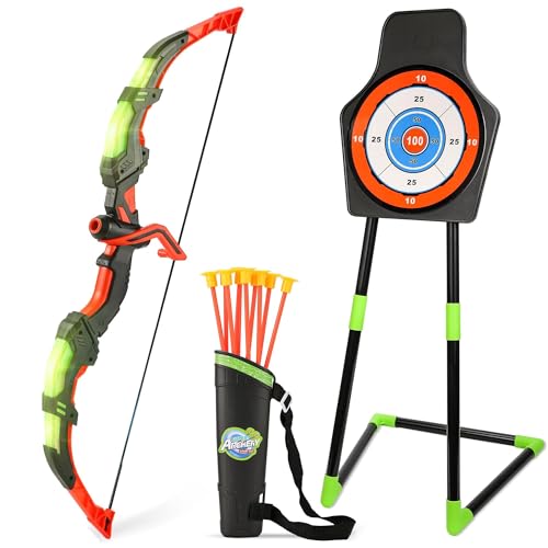 Bow and Arrow Set for Kids, 2 Pack LED Light Up Archery Set with 20 Suction Cup Arrows, Indoor and Outdoor Toy for Boys Girls Age 4-8 8-12 with Standing Target&2 Quivers, Birthday Gift 3-12 Years Old - color: Green