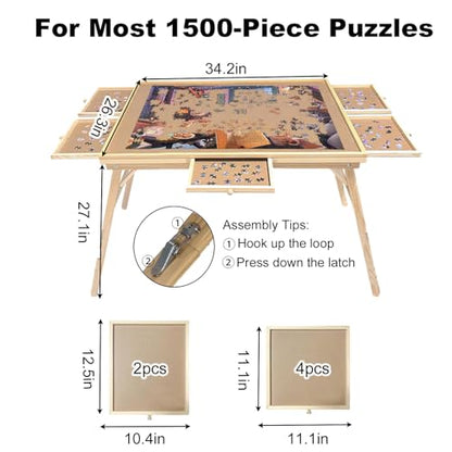 1500 Piece Puzzle Table with Foldable Legs, 34'' W×26'' D×27''H Large Wood Portable Jigsaw Puzzle Board with 4 Drawers, Folding Puzzle Board Game Table for Adults, Nature - size: 34''- Puzzle Table