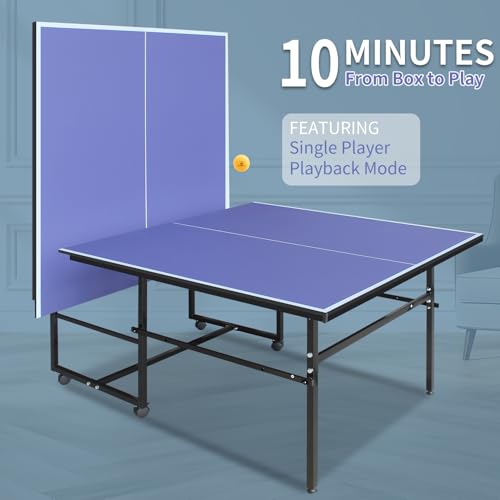IUNNDS Portable Table Tennis Table 6/8/8.5/9FT Foldable Ping Pong Game Set for Indoor with Net and Post Set, 2 Paddles and 3 Balls - color: Blue-8.5FT