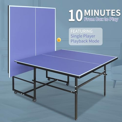 Ping Pong Table Foldable Indoor 8/8.5/9FT Single Player Playback Mode Game Set with Paddles and Balls - color: Blue-8.5x4.3FT