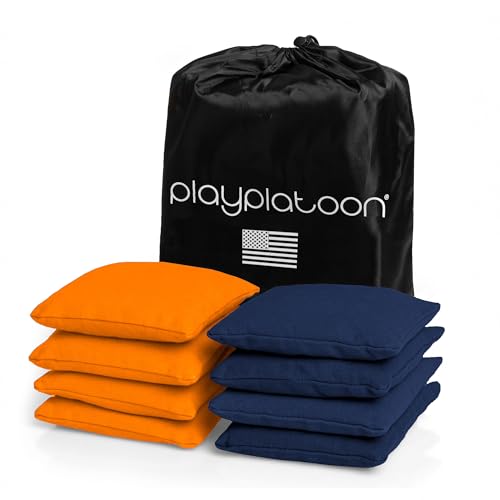 Play Platoon Cornhole Bags Weather Resistant- Set of 8 Regulation Bean Bags for Tossing- Official Professional Size & Weight Corn Hole Bags Two Color All Weather Cornhole Beans Bag Set with Tote Bag - color: Orange & Navy Blue