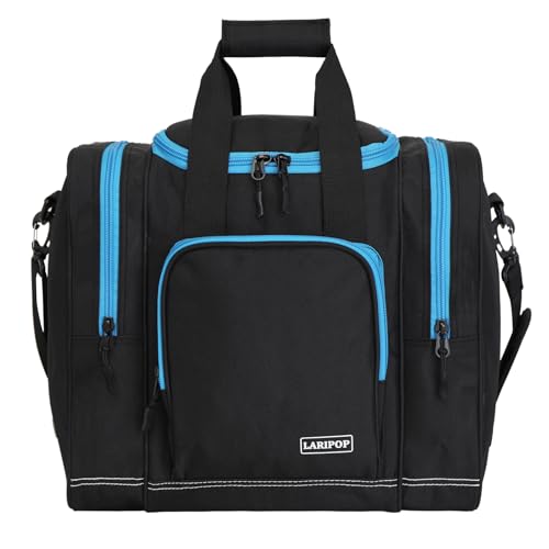 LARIPOP Bowling Ball Bag, Single Bowling Tote with Padded Ball Holder, Ventilated Shoe Pocket & Adjustable Shoulder Strap for Adult Bowlers Men Women - color: Black+TR Blue