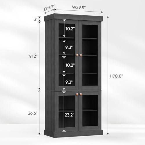 Vyre 70.8" Tall Black Bookshelf with Glass Doors, Farmhouse Modular Bookcase with 6-Tier Adjustable Shelves, Large Storage Cabinet for Home Office, Living Room, Set of 2 - color: Black