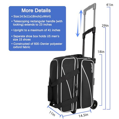 Goloni 3 Ball Bowling Bag with Wheels, 2+1 Double Roller Bowling Bag with Shoe Compartment,Tote Bag for Bowling Accessories - color: 2 Ball-Black