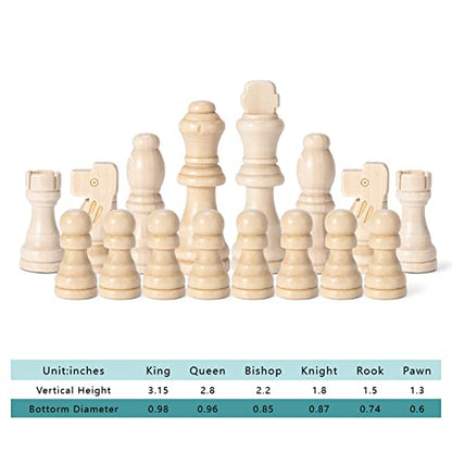 Wooden Chess Pieces Only, 32 Piece Tournament Staunton Wood Chessmen with 3.15 inches King, Chess Game Pawns for Chess Board Game, Replacement of Missing Pieces