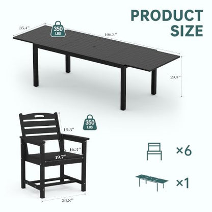 PIZZELLO 7 Pieces Outdoor Dining Set, 106" Extendable Aluminum Patio Dining Table w/ 6Pcs HDPE Patio Chairs, All Weather Outdoor Table and Chairs Sets for Backyard, Garden and Deck - size: 106"Table + 6 HDPE Chairs