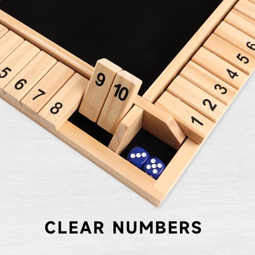 GSE Games & Sports Expert 1-4 Player Wooden Shut The Box Dice Board Game with 8 Dice. 4-Way 10 Numbered Shut The Box Set of Popular English Pub Board Game - Natural Wood - color: Natural Wood