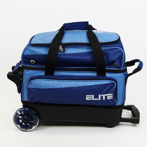 ELITE Deluxe 2 Ball Bowling Bag with 5" Smooth Wheels - Large Accessory Pocket, Shoe Compartment, 36" Extendable Handle - color: Navy Plaid