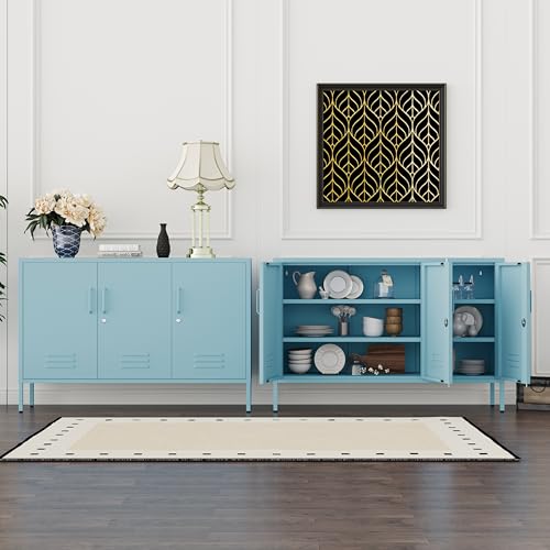 32" Blue 3 Door Lockable Metal Cabinet, Freestanding Heavy Duty Storage Locker with Adjustable Shelves for Home Office Kitchen Living Room - color: Blue, style: 32"H-Cabinet-TH