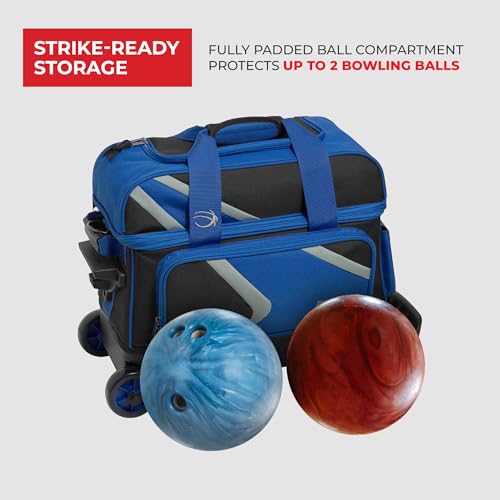 BSI Dash Roller Bowling Bag with Smooth Rolling Wheels, Padded Ball Compartment, Retractable Locking Handle, & Shoe Pocket - color: Black/Blue/Gray, style: Double