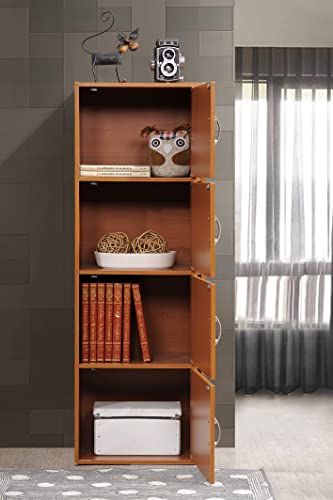 HODEDAH IMPORT 4-Shelf Bookcase Cabinet, Cherry - color: Cherry