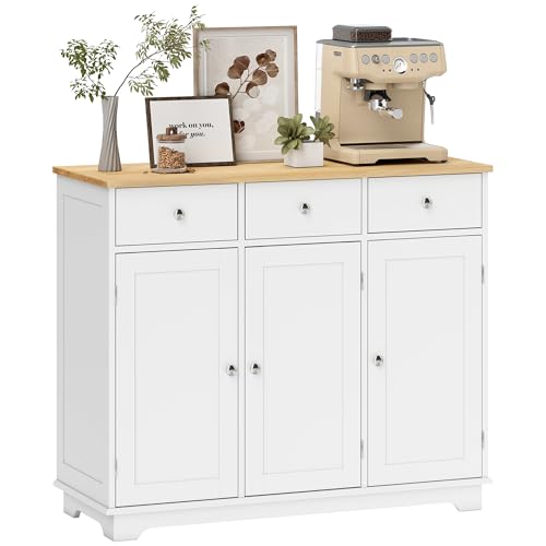 HOMCOM Sideboard Buffet Cabinet with Solid Wood Countertop, Modern Kitchen Storage Cabinet, Coffee Bar Cabinet with 3 Drawers, Doors and Adjustable Shelf, White - color: White, size: 39.75" x 15.75" x 33.5"