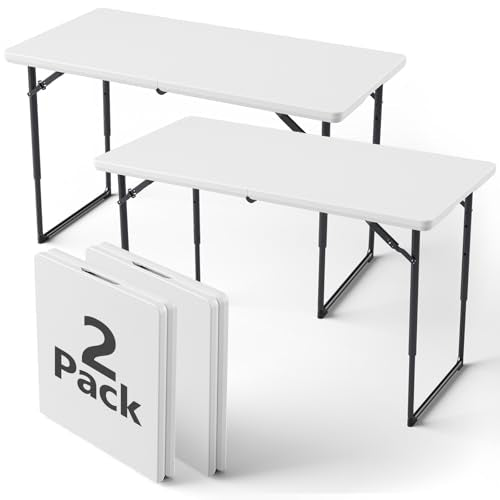Folding Table 2 Pack, 4FT Folding Table with Adjustable Height, Heavy Duty Plastic Foldable Table Portable, Steel Legs Supports to 300lbs, Suitable for Party, Camping, Events Indoor&Outdoor Use, White - color: White, size: 4FT-2Pcs