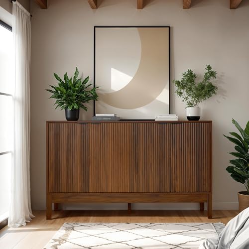 Best Choice Products 55" Modern 4-Door Sideboard Storage Cabinet, Buffet, Media Cabinet, Cupboard, Entryway Accent Table, Bookcase w/Reed Panels and Adjustable Shelves – Walnut - color: Walnut
