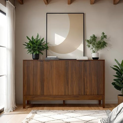 Best Choice Products 55" Modern 4-Door Sideboard Storage Cabinet, Buffet, Media Cabinet, Cupboard, Entryway Accent Table, Bookcase w/Reed Panels and Adjustable Shelves – Walnut - color: Walnut