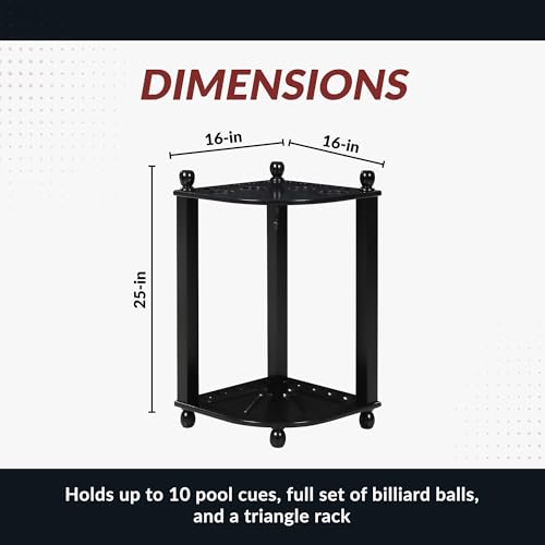 Hathaway Regent 28-in Corner Floor Pool Cue Rack – Solid Wood Billiard Cue Rack with Built-in Drink Holders & Triangle Hook – 10 Pool Stick Holder & Full Ball Set – Black Veneer Finish