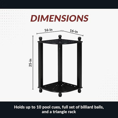 Hathaway Regent 28-in Corner Floor Pool Cue Rack – Solid Wood Billiard Cue Rack with Built-in Drink Holders & Triangle Hook – 10 Pool Stick Holder & Full Ball Set – Black Veneer Finish