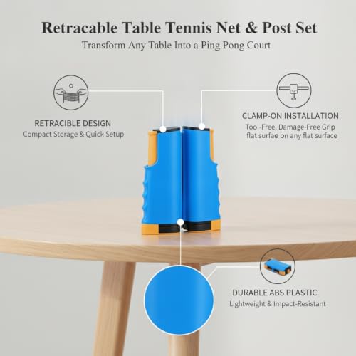 Retractable Table Tennis Net and Post Set, Clamp-On Ping Pong Net for Flat Surfaces, Portable ABS Plastic Game Accessory - color: Blue