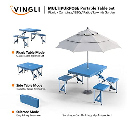 VINGLI 4 Ft Camping Picnic Table Set with 4 Seats with Umbrella Hole Folding Lightweight Suitcase Card Table-220 Lbs Support Aluminum Frame, Plastic RV Tabletop for Barbecue,Travel,Outing,Gathering - color: Blue