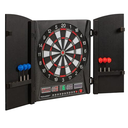 Accudart Apollo Electronic Dartboard Cabinet – 38 Games, 137 Variations, Virtual Opponent, Backlit Scoring, Cricket X/O Displays, Black Woodgrain Doors – Includes Soft‑Tip Darts