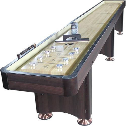 Playcraft Woodbridge Shuffleboard Table with Storage Cabinet - Shuffle Board Game Table Set with Matching Abacus, 8 Pucks, Brush & Wax (Made in USA) - Pro Style Climate Adjusters - color: Espresso, size: 14 Feet - 2 Piece