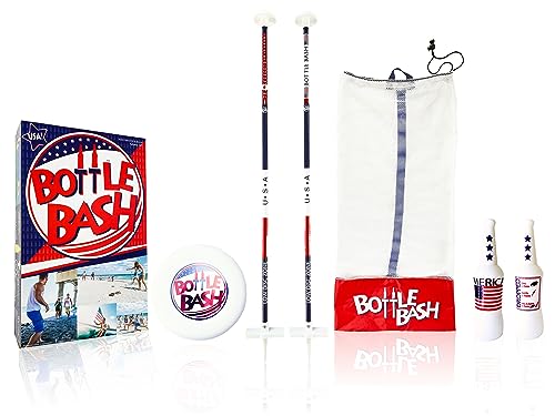 Bottle Bash Outdoor Flying Disc Game Set – Frisbee Toss Backyard and Beach Game for Family, Adult & Kids - Beersbee & Polish Horseshoes - color: Red/White/Blue - USA