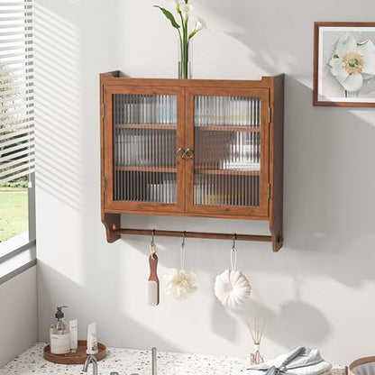 Retro Style Haze Double Glass Door Wood Wall Cabinet with Detachable Shelves for Office, Dining Room,Living Room, Kitchen and Bathroom Brown - color: Brown