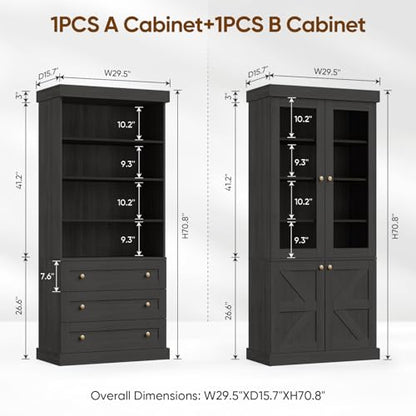 Vyre 71" Tall Farmhouse Bookshelves with Glass Doors and Drawers, Set of 2 – Large Modular Bookcase with Adjustable Shelves, Storage Cabinet for Living Room, Kitchen, Black - color: Black