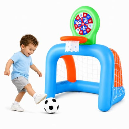 Toddler Soccer Goal & Basketball Hoop Set for Ages 2-4, 3-in-1 Inflatable Kids Sports Center with Sticky Ball Target, Indoor Outdoor Soccer Net Birthday Gift for Boys Girls