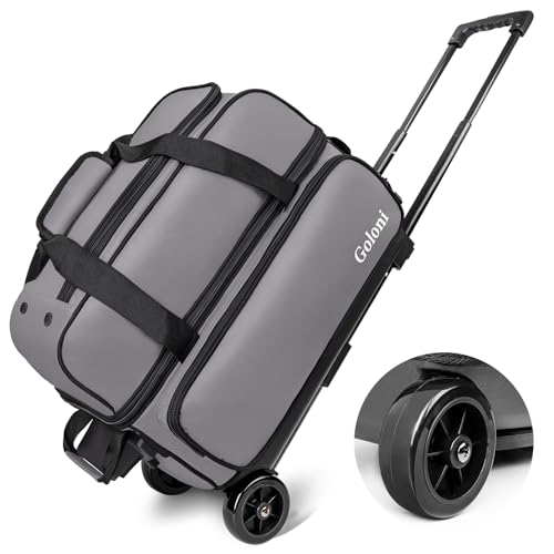 Goloni Double Roller 2 Ball Bowling Bag with Separate Shoe Compartment,2 Ball Bowling Bag with Wheels,Retractable Handle Extends to 40" - color: Grey