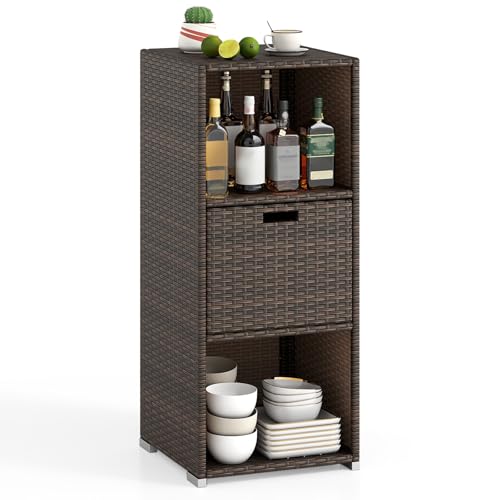Tangkula Rattan Outdoor Storage Cabinet, Patiojoy Outdoor Wicker Cabinet with 3 Shelves, 1 Removable Drawer, Patio Storage Deck Box for Backyard Poolside Porch - color: Mix Brown, size: 19.5" x 19.5" x 43.5"