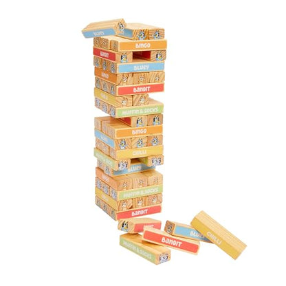 Bluey 8th Wonder Stackable Tumbling Tower Game, Robust Wooden Stacking Game with 54 Illustrated Colored Blocks, Fun Balancing Toy for Kids Ages 3+ - style: Tumbling Tower
