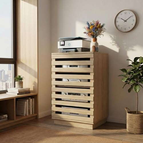 holzart Modern Slatted Wood Audio Component Cabinet, 4-Tier Stereo Equipment Rack Media Stand with Ventilated Door & Cable Management, Oak Finish 35.4" Tall