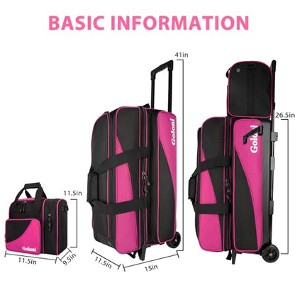 Goloni 3 Ball Bowling Bag with Wheels, Rolling Bowling Roller Bag with Retractable Handle for Balls & Bowling Accessories - color: 4 Ball-Pink