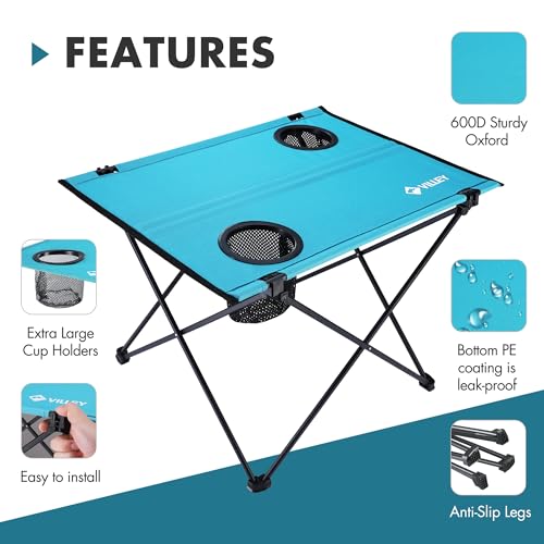 VILLEY Folding Camping Table, Lightweight Portable Beach Table with 2 Cup Holders & Carry Bag for Camping, Beach, Fishing, Travel, and Outdoor Activities(Small) - size: Small